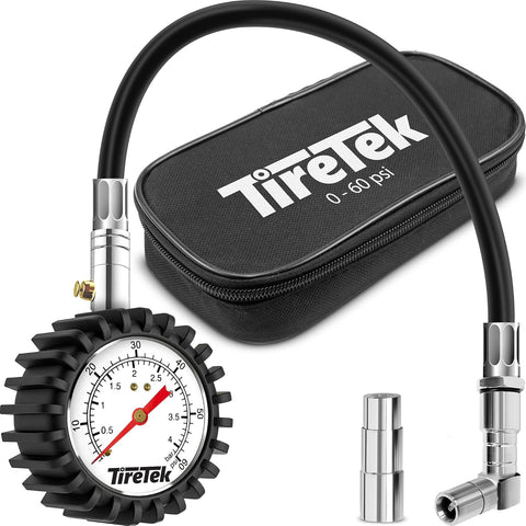 TireTek Tire Pressure Gauge for Cars and Trucks (60 PSI, ANSI Certified) - Air Pressure Gauge for Tires, Motorcycle, Bike & SUV with Flexible Air Chuck - Includes Extra Presta Valve & Storage Pouch