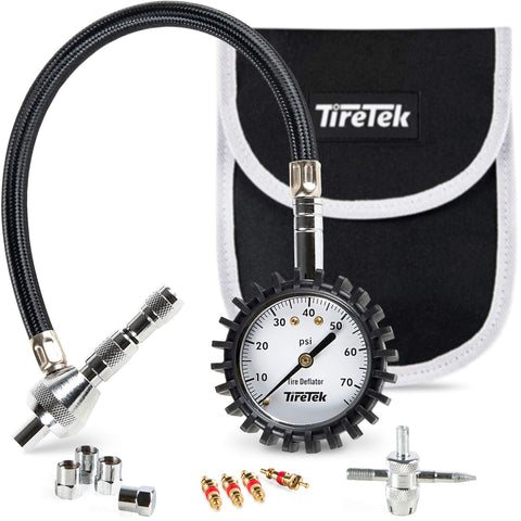 TireTek Tire Deflator - 0-75psi Air Down Tire Deflators Kit - Accurate & Fast Tire Air Down Tool – Includes Pouch & Offroad Accessories 4x4 - Quickly Deflate Jeep, Truck, SxS, ATV, RV Tires