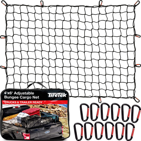 TireTek Cargo Net for Pickup Truck Bed - 4' x 6' Stretches to 8' x 12' - Heavy Duty Small 4 x4  Latex Bungee Net Mesh w/ 12 Metal Carabiners - Truck Bed Accessories for Dodge RAM, Ford, Chevy, Toyota