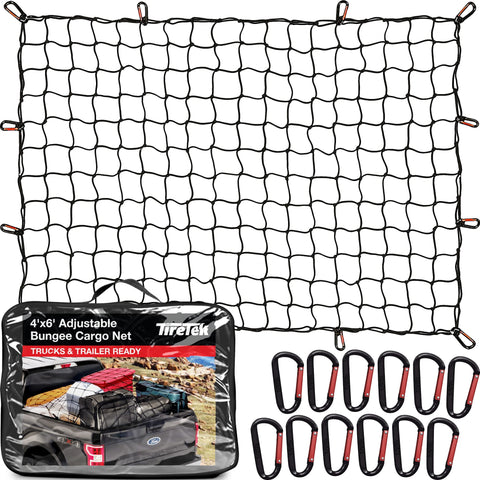 TireTek Cargo Net for Pickup Truck Bed- 4' x 6' Stretches to 8' x 12'- Heavy Duty Small 4”x4” Latex Bungee Net Mesh with 12 Metal Carabiners - Compatible with Ford, Dodge RAM, Chevy, Toyota